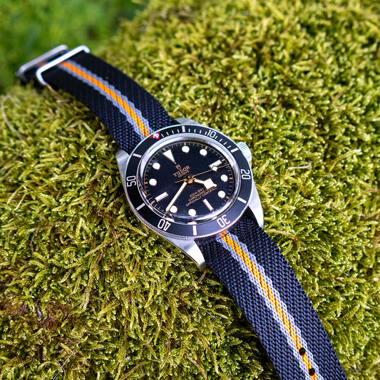 The Wharfedale Woven Nylon Watch Strap - Blue, Orange & Grey